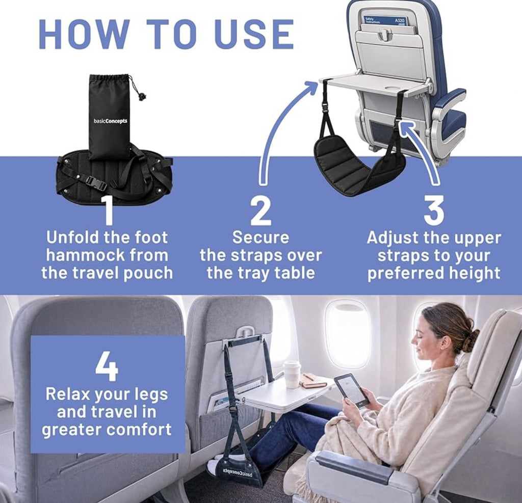 The Packt Hammock adjustable tray table strap — clips securely to any airline seat