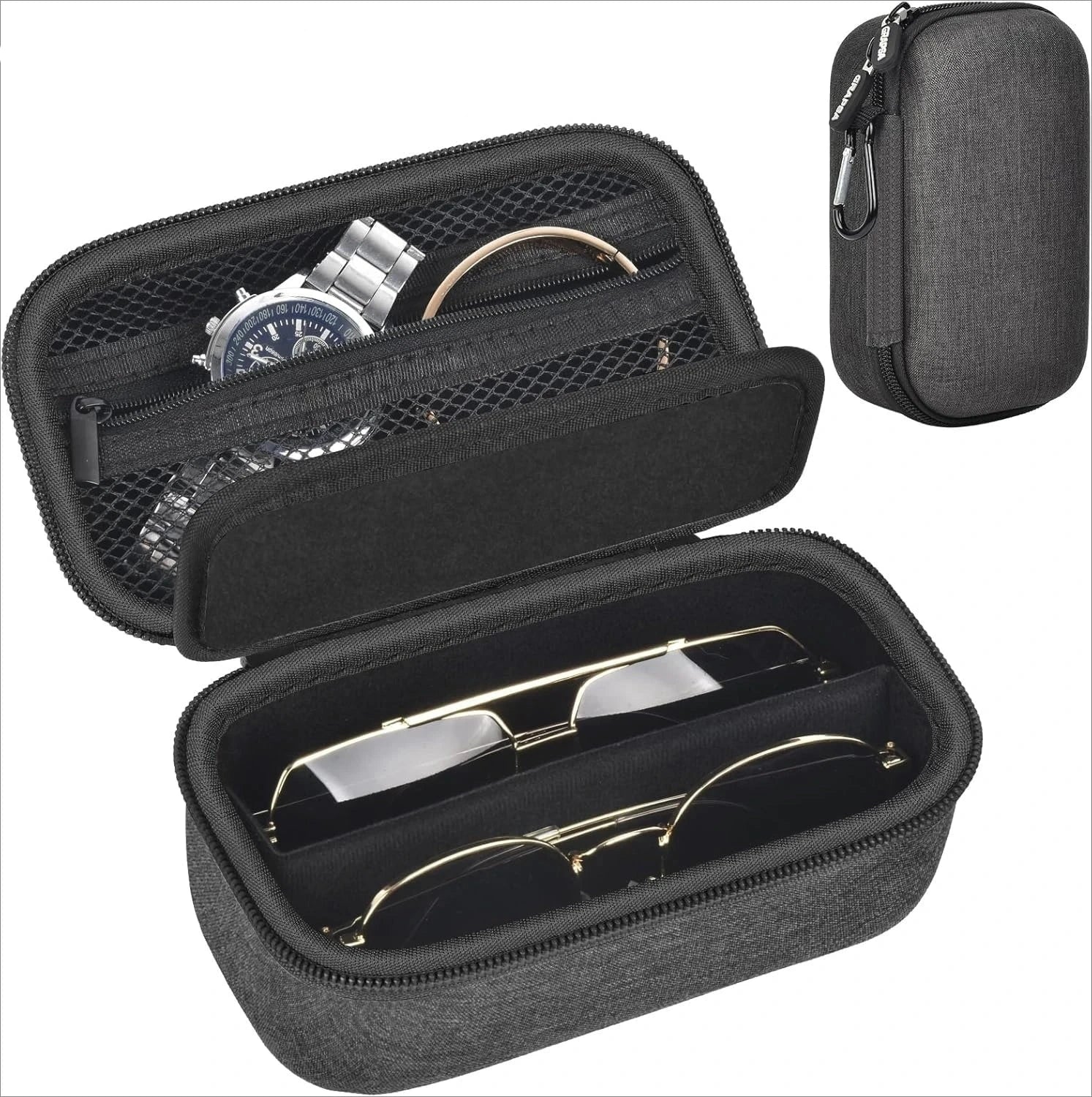 The Packt Shades hard-shell sunglasses travel case in Charcoal — closed, showing EVA shell and carry handle