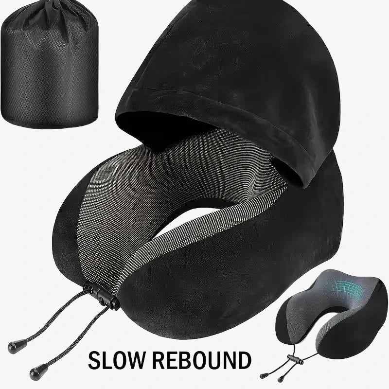 The Packt Pillow hooded memory foam travel neck pillow in Grey — front view with hood down