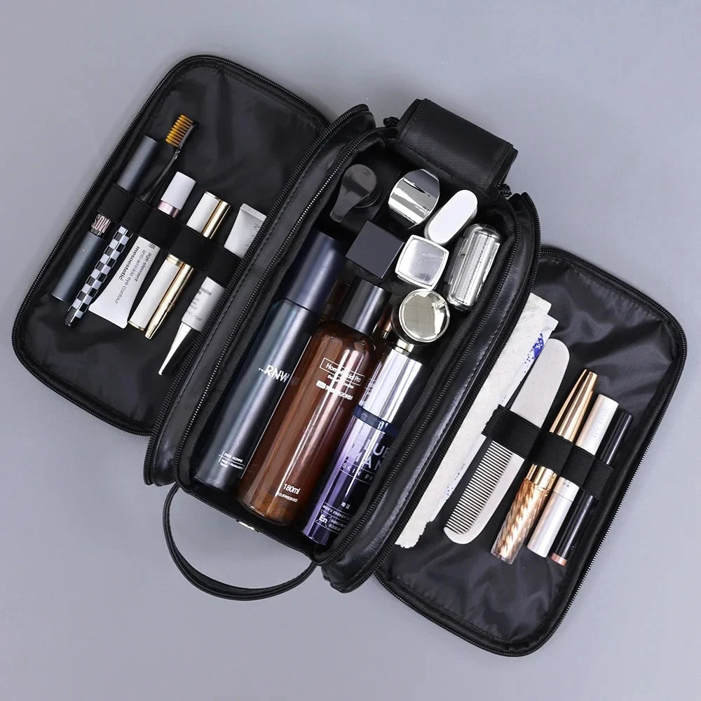 The Packt Kit fold-out organizer panel — elastic loops beside the lined wet/dry pocket