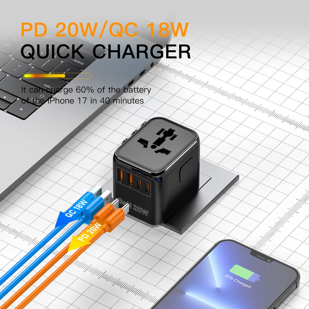 The Packt Charge universal plug adapter — fits EU, UK, USA, AU, and Asia outlets