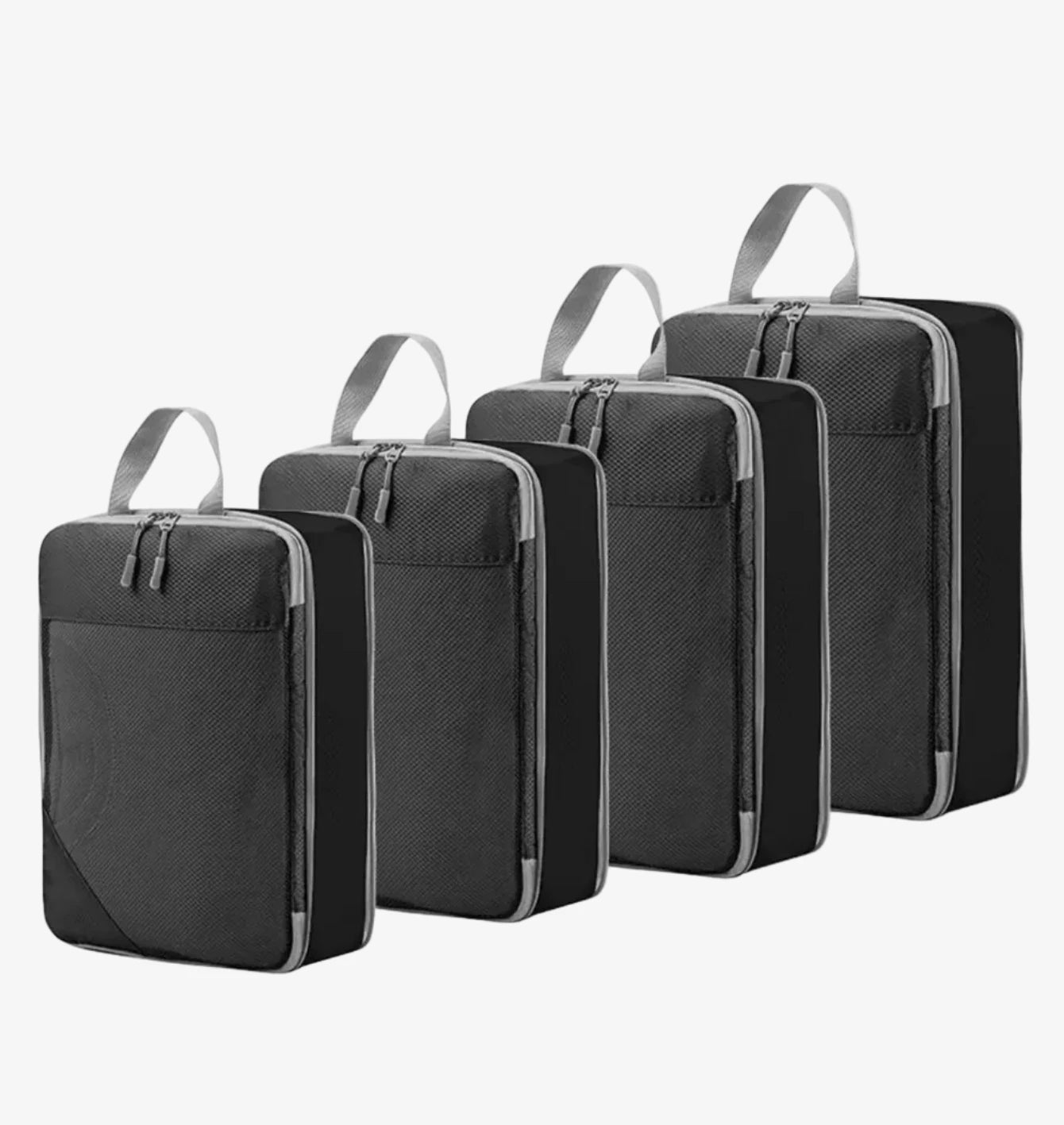 The Packt Cubes 4-piece compression packing set in Grey — full set showing graduated sizes