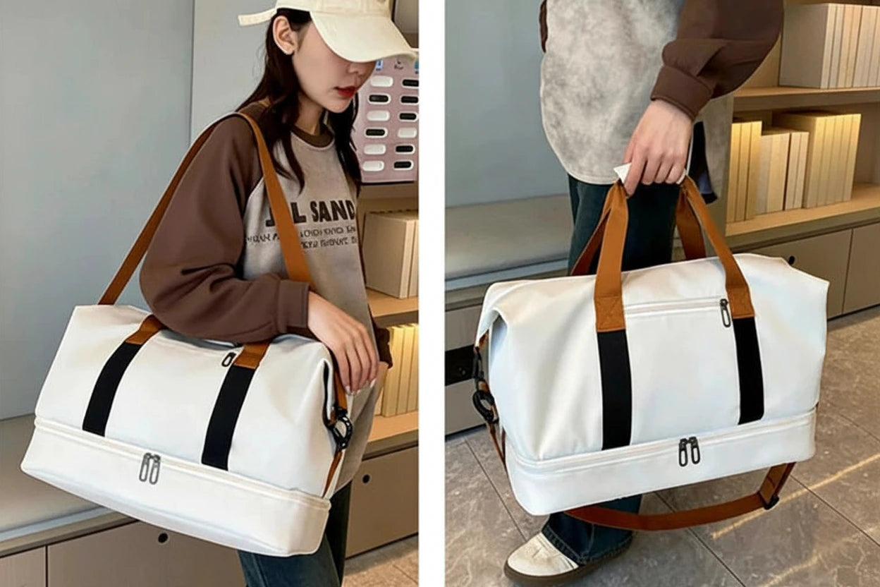The Packt Weekender carried by shoulder strap and by top handles — three ways to carry