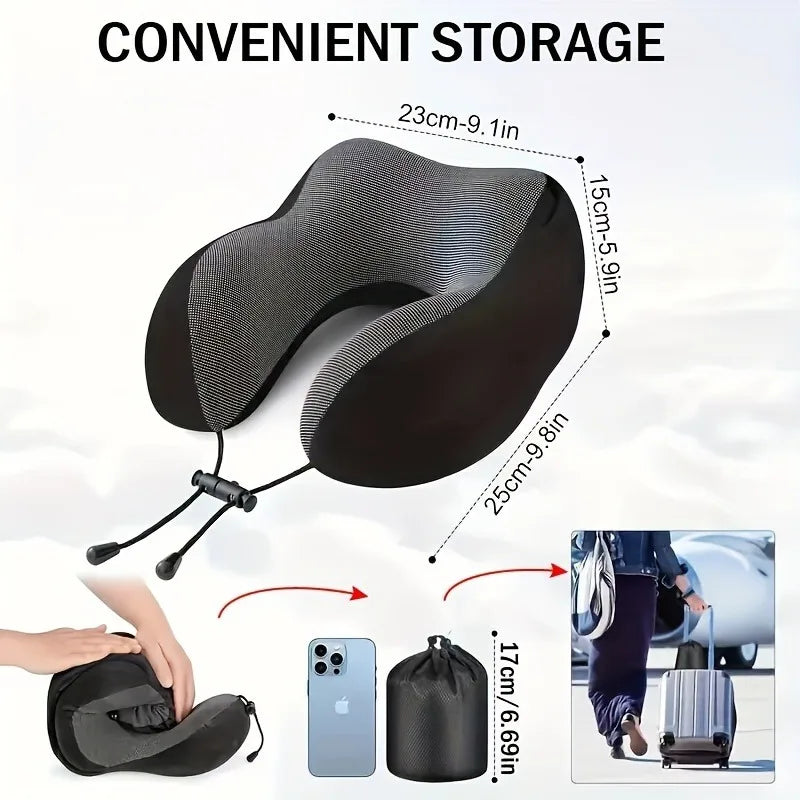The Packt Pillow — lifestyle shot showing person sleeping comfortably on airplane with hood up
