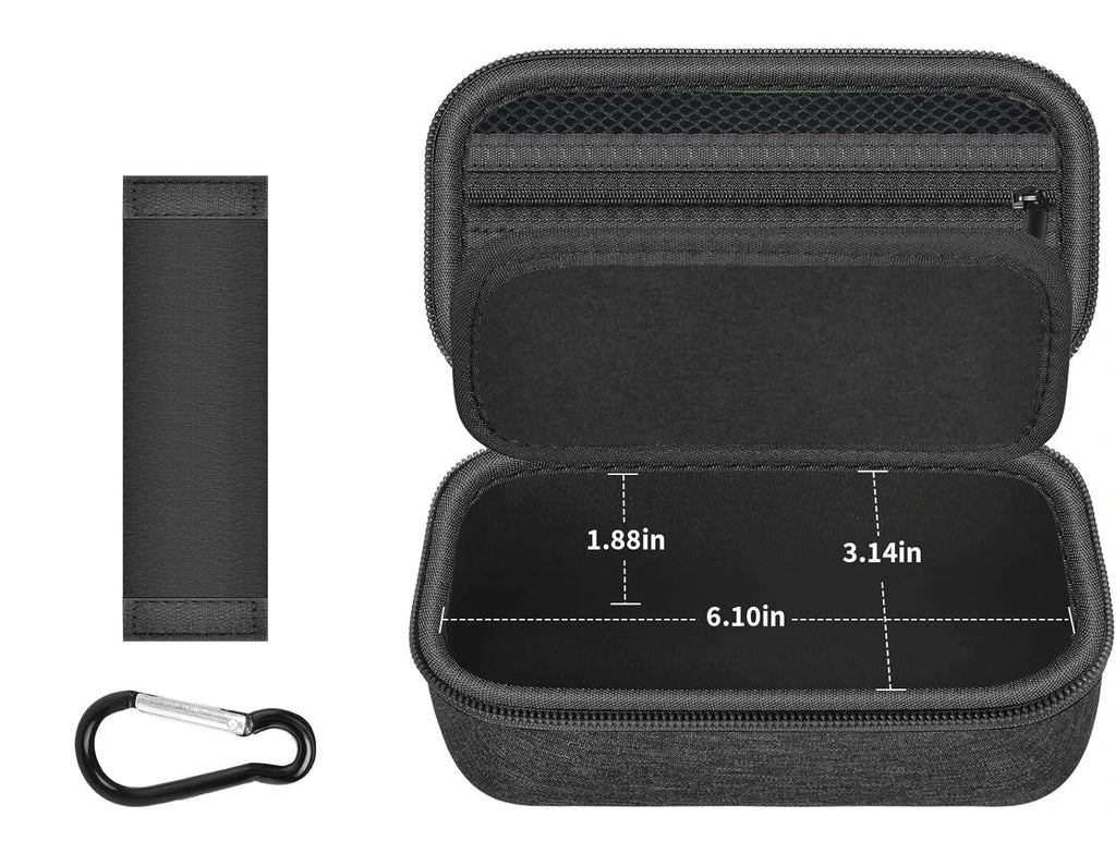 Black glasses carrying case with measurements, carabiner