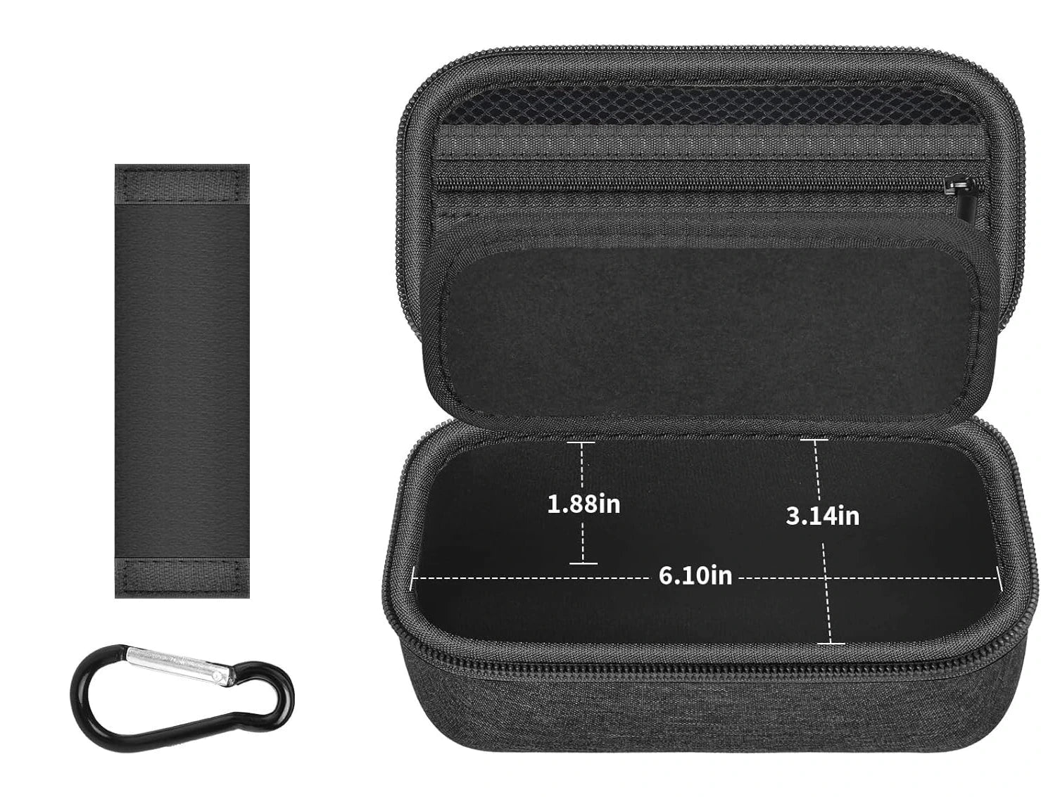 Black glasses carrying case with measurements, carabiner