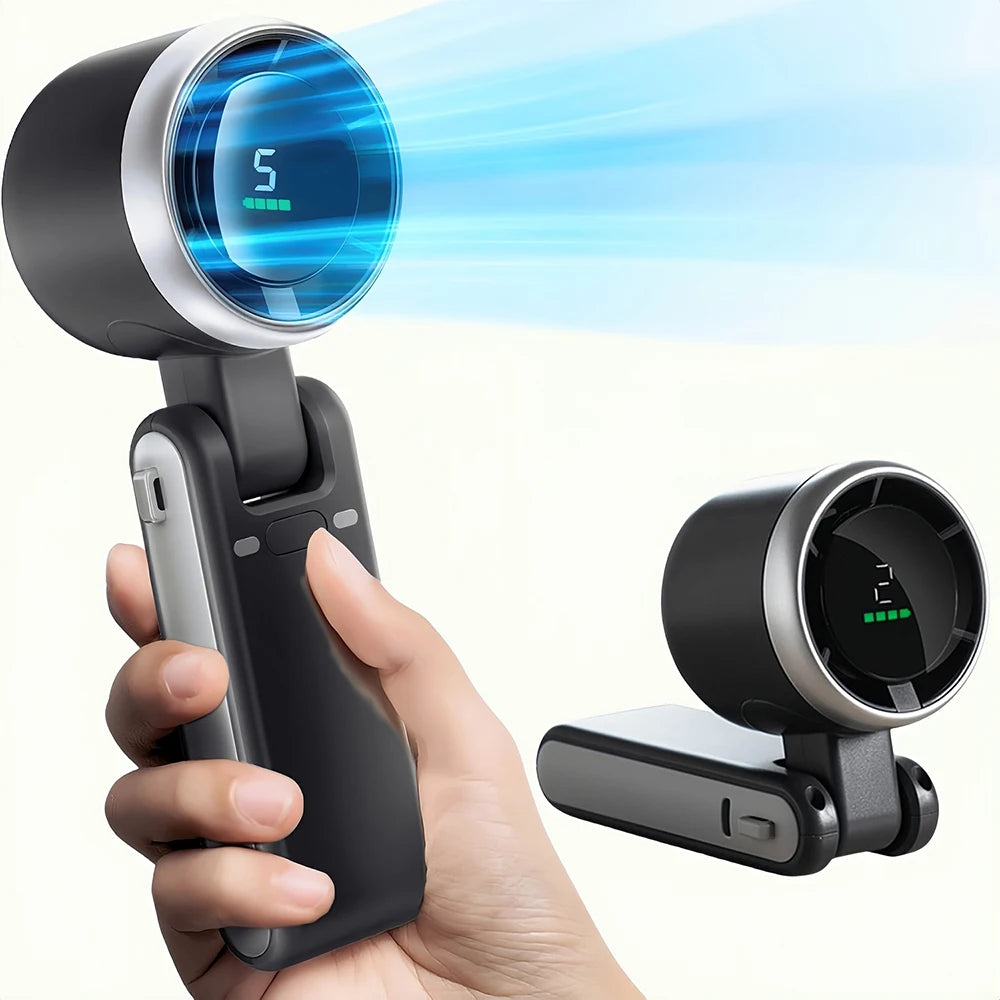 The Packt Breeze 3-in-1 handheld travel fan in White — front view showing foldable design and digital display