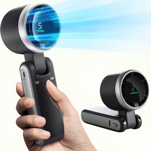 The Packt Breeze 3-in-1 handheld travel fan in White — front view showing foldable design and digital display