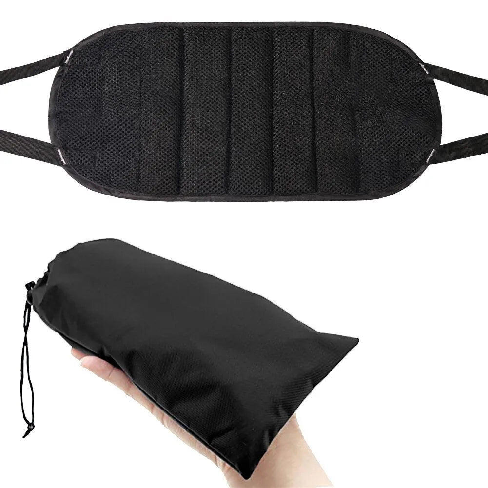 The Packt Hammock in use on airplane — lifts feet to reduce leg fatigue