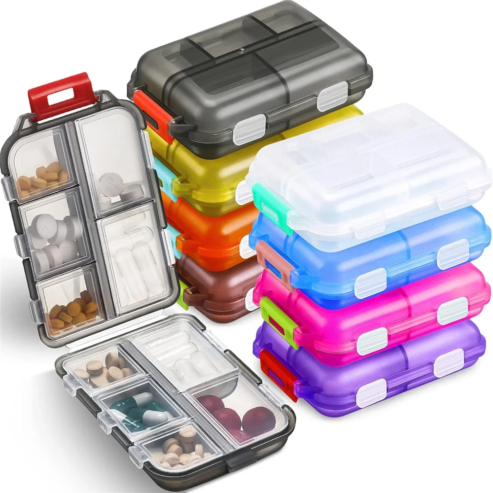 The Packt Dose 10-compartment pill organizer — front view showing clear snap-lock lid