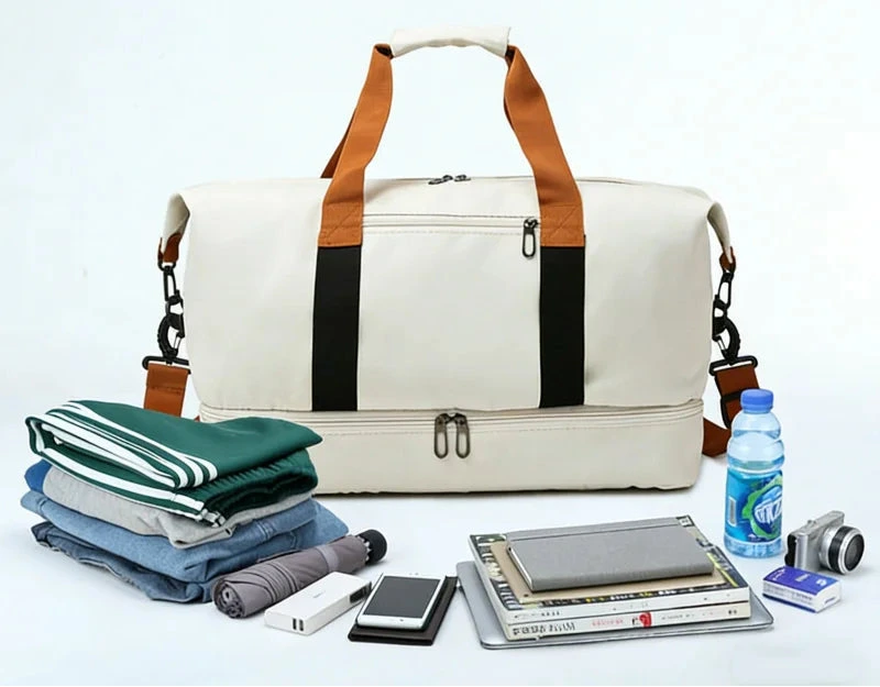 The Packt Weekender duffel — shoe compartment zipped separate from the main cabin