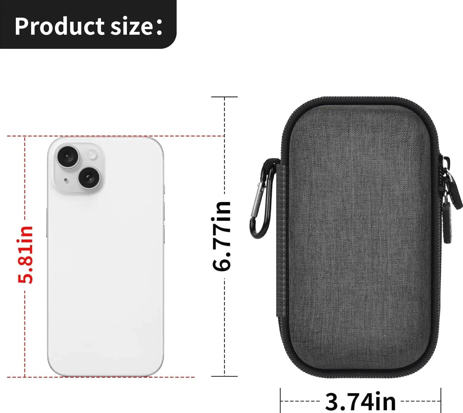 Gray zippered case with measurements shown next to a smartphone