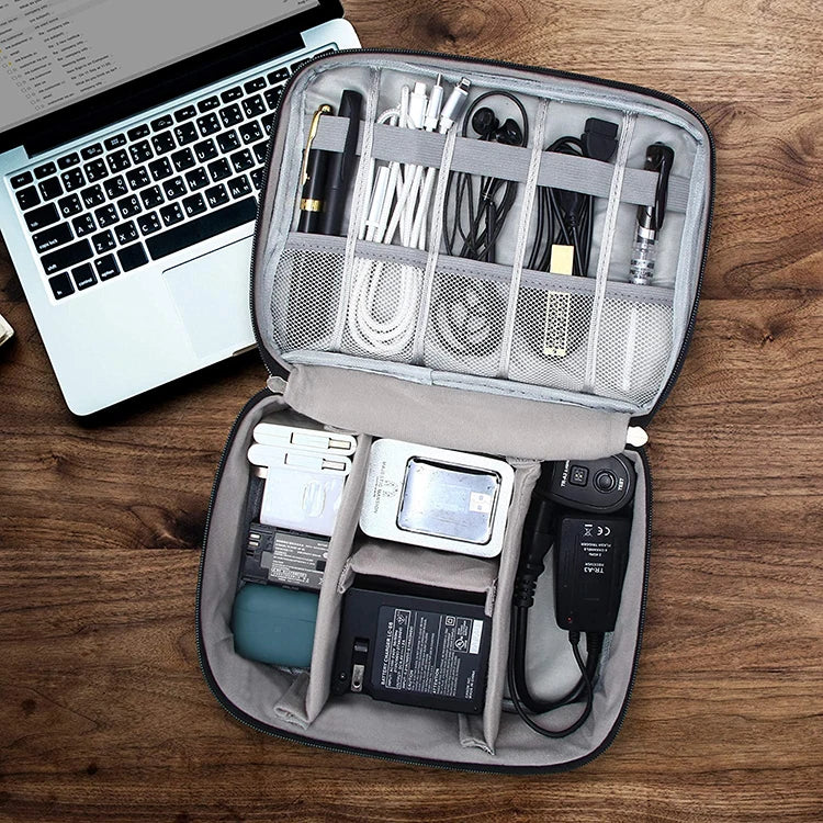 The Packt Wired with cables packed — USB-C charger, earbuds, and adapters organized