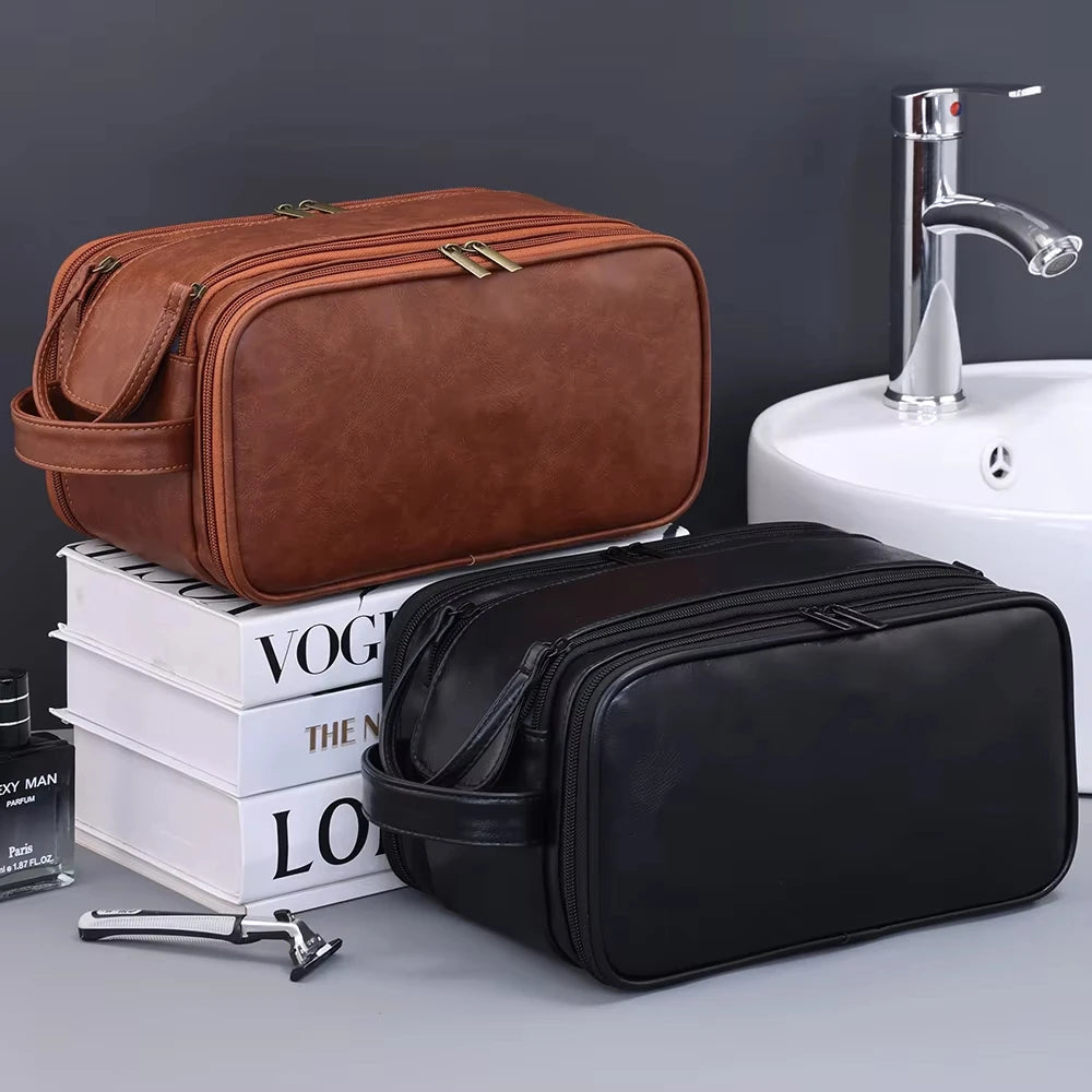 The Packt Kit water-resistant PU toiletry bag in Brown and Black — side carry handle and dual top zippers
