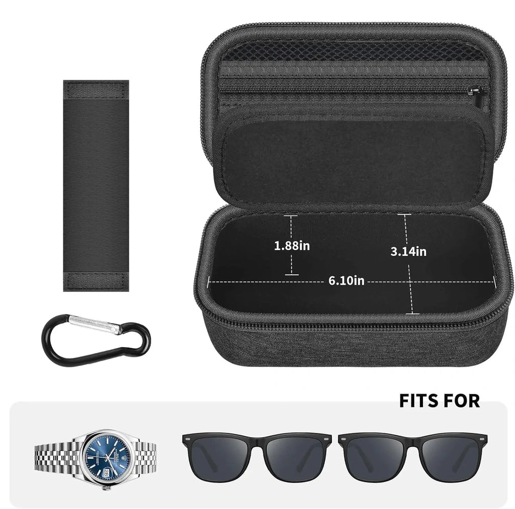 The Packt Shades open — two felt-lined adjustable slots holding sunglasses, mesh accessory pocket in lid