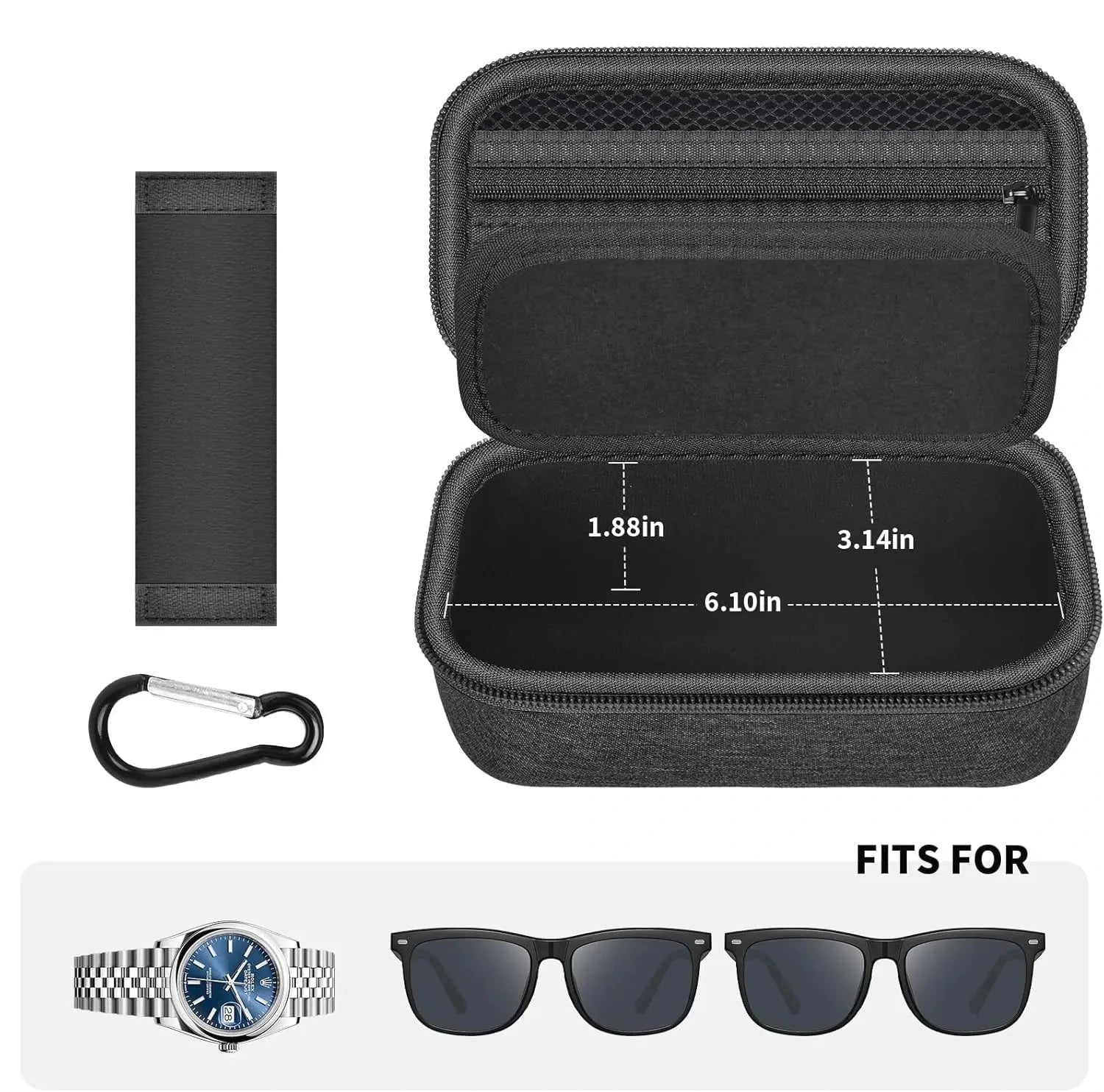 The Packt Shades open — two felt-lined adjustable slots holding sunglasses, mesh accessory pocket in lid