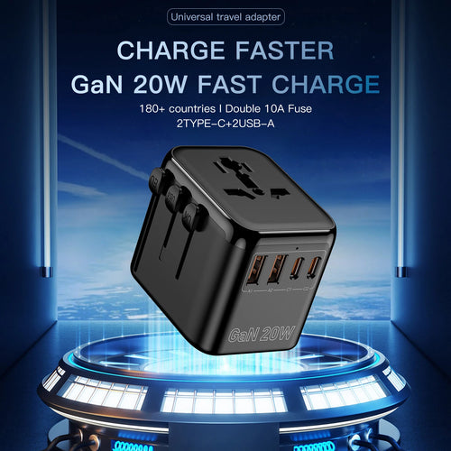 The Packt Charge 20W GaN travel charger — front view showing 2 USB-C and 2 USB-A ports