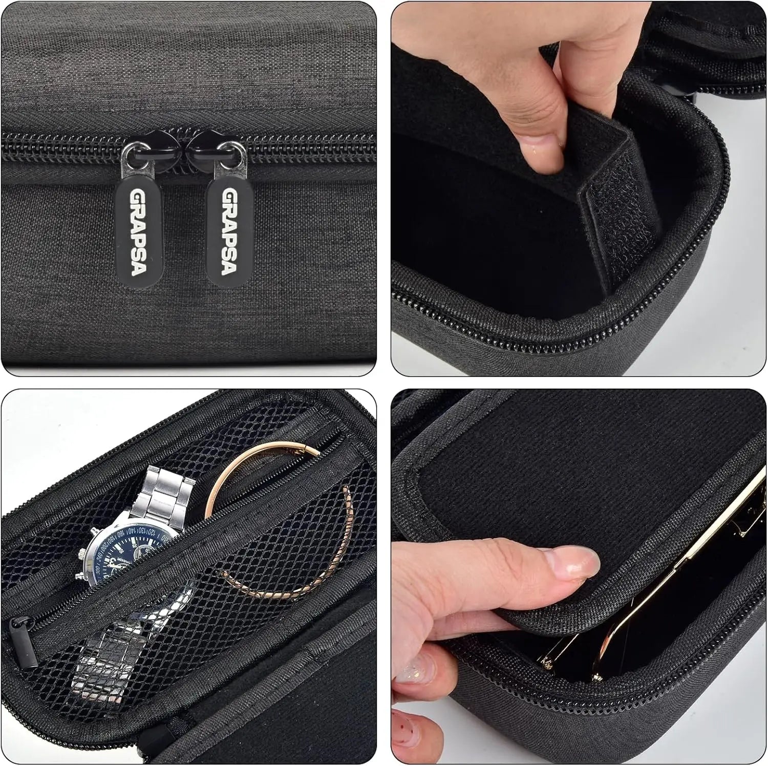 Black travel glasses case with showing interior space with glasses and a watch inside.