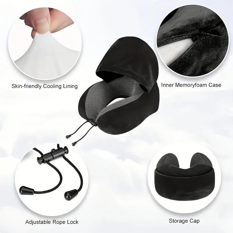 The Packt Pillow in Black — front view with detachable hood attached