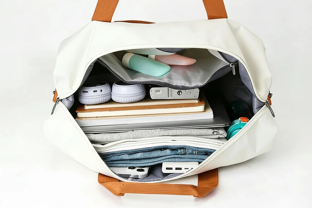 The Packt Weekender packed — 20–35L holds clothes, laptop, camera, and a coat