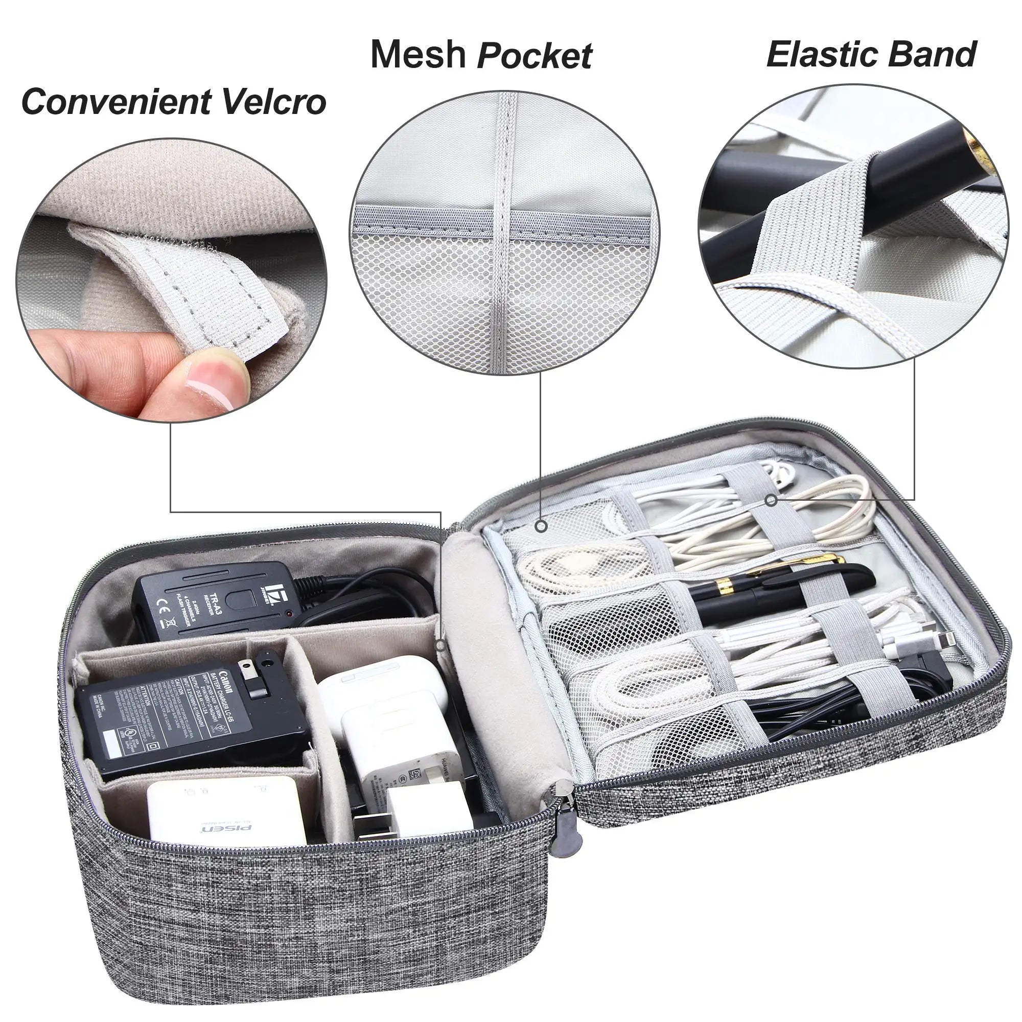 The Packt Wired open — showing elastic cable loops and mesh pocket interior