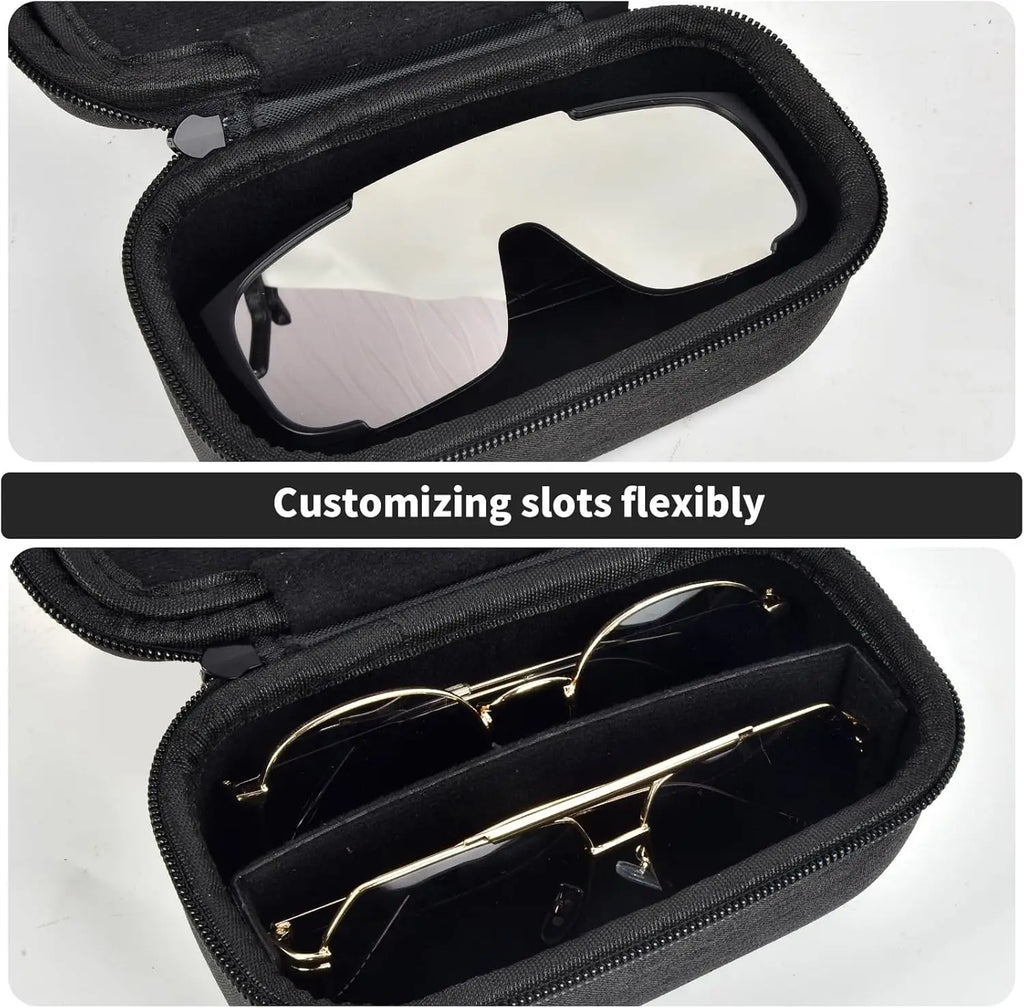 The Packt Shades dual-zipper closure detail — crush-proof protection for sunglasses in carry-on luggage