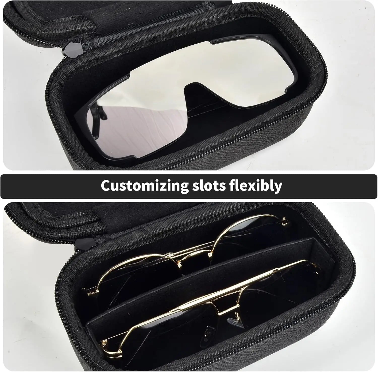The Packt Shades dual-zipper closure detail — crush-proof protection for sunglasses in carry-on luggage