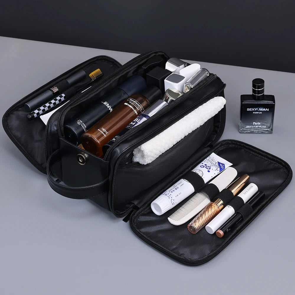The Packt Kit interior — main compartment depth shown with full-size bottles