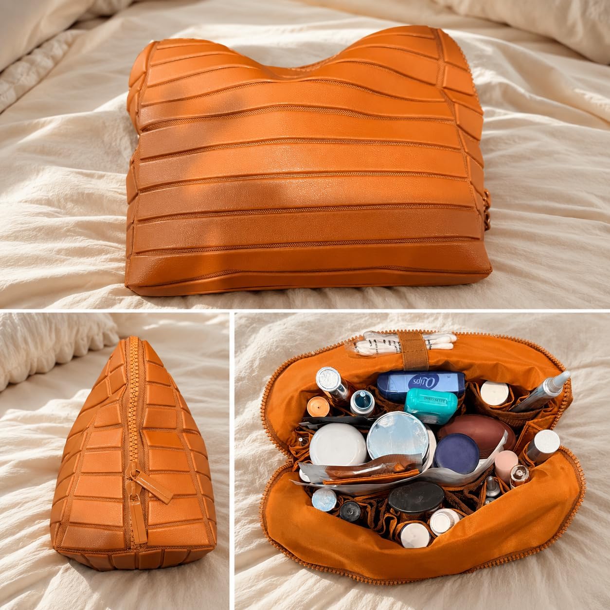 The Packt Traveller toiletry bag in Brown — lifestyle shot showing travel products organised inside