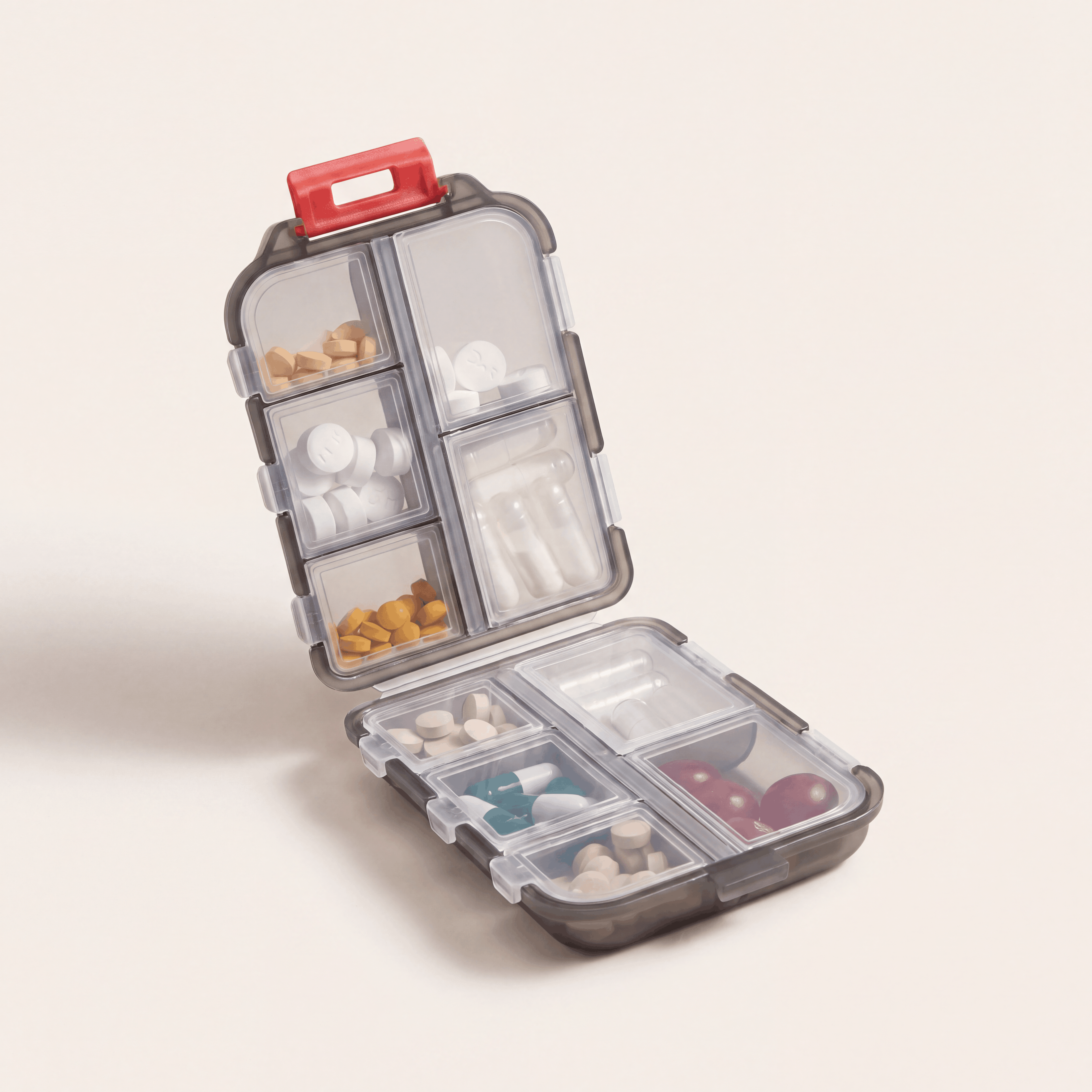 The Packt Dose — 10-compartment travel pill organizer with clear snap-lock lid