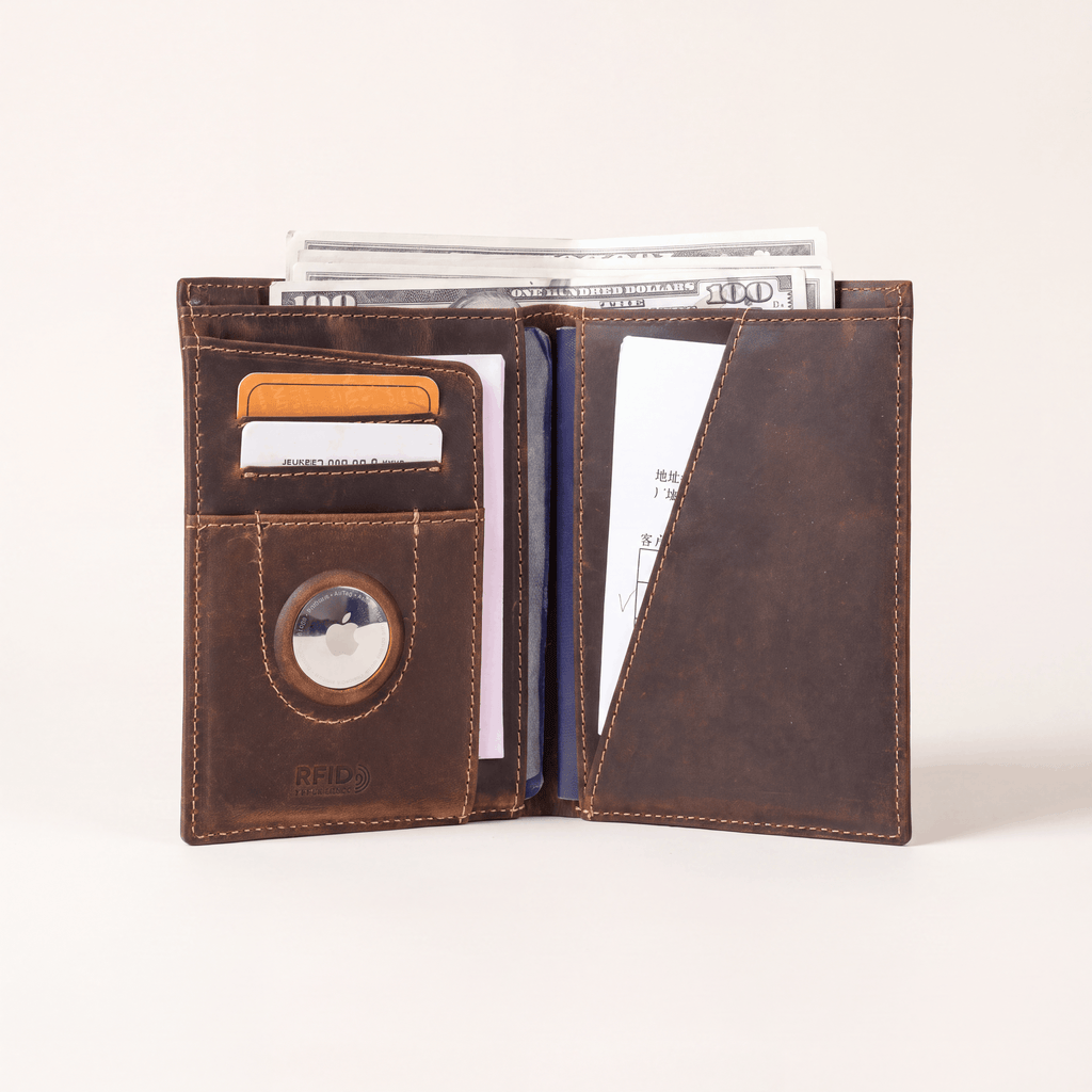 The Packt Passport — full-grain leather RFID-blocking passport wallet with AirTag slot