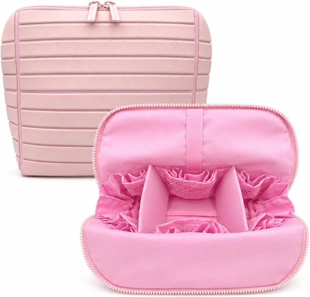 The Packt Traveller toiletry bag in Pink — open view showing 27 pockets and adjustable dividers
