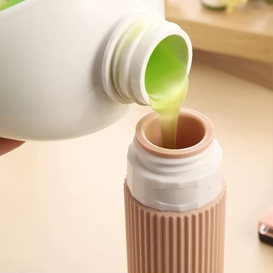 The Packt Refills — filling wide-mouth silicone travel bottle with shampoo